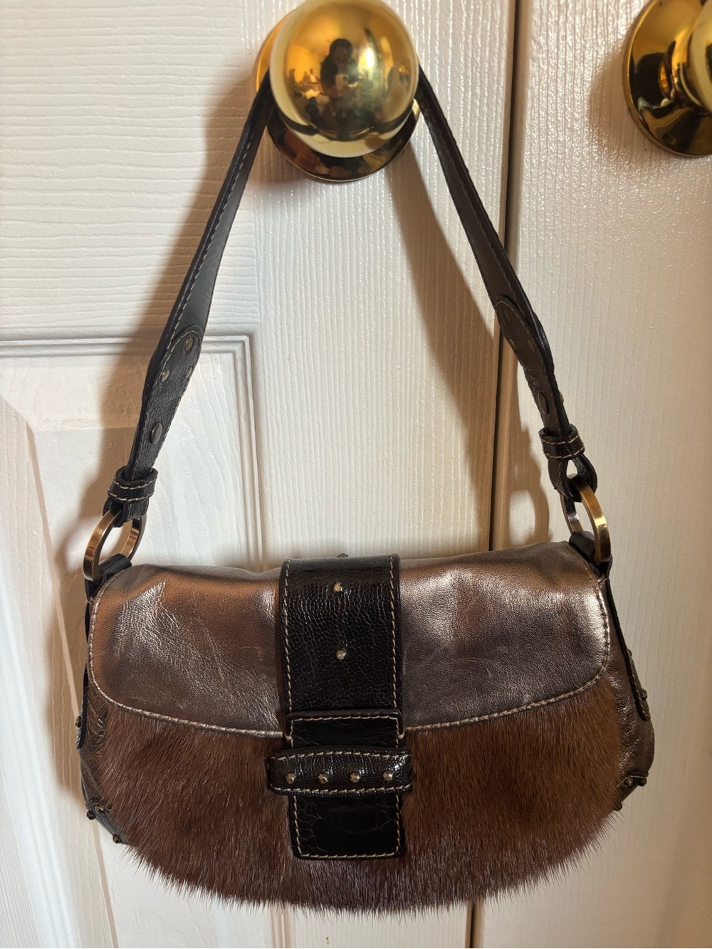Vintage Valentino Brown Leather and Fur Shoulder Bag with Black Accents